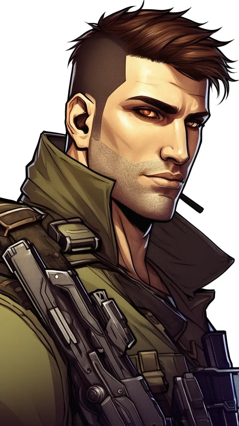 male human, 30 years old, brown hair, brown eyes, soldier, shadowrun charakter, portrait