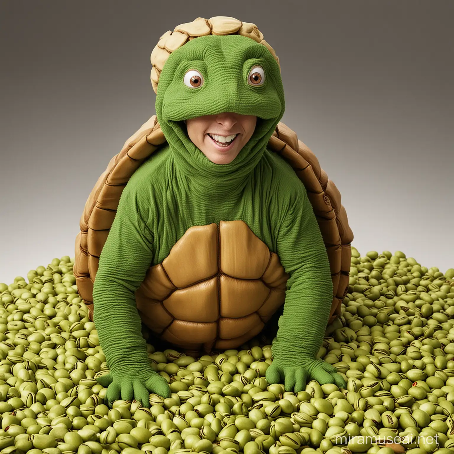 Dana Carvey dressed as a turtle and surrounded by pistachios 