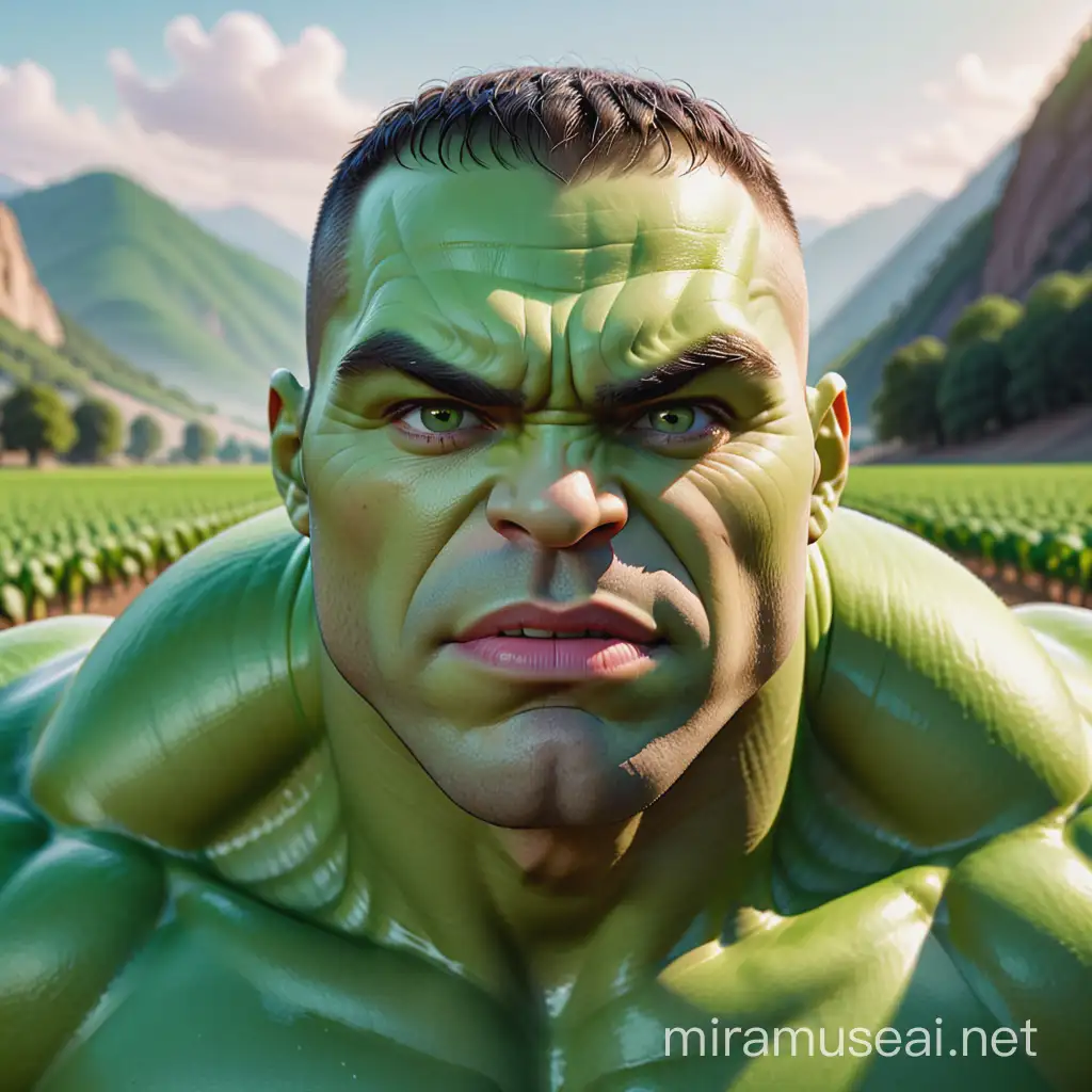 Beautiful male soybean cartoon character, masculine, hulk, highly detailed eyes, lush lips, bald, wearing only shoes, close up, bokeh background, soft light on face, rim lighting, facing square to camera, walking in a field, mountains in background, photorealistic, very high detail, extra wide photo, super close up, head shot, green skin