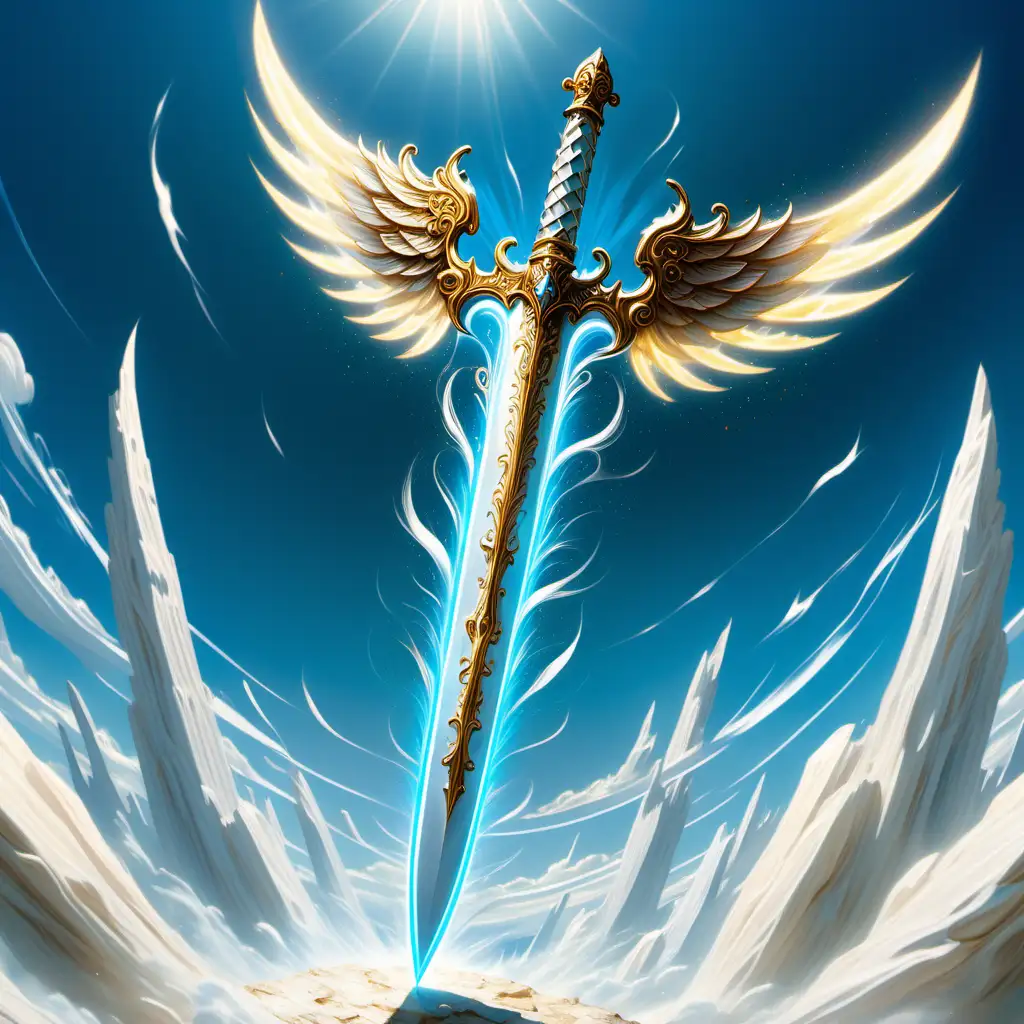 A luminous, glowing alabaster sword with golden streaks and silver accents streaking through a bright blue sky with wind wisps whipping by its winged guard