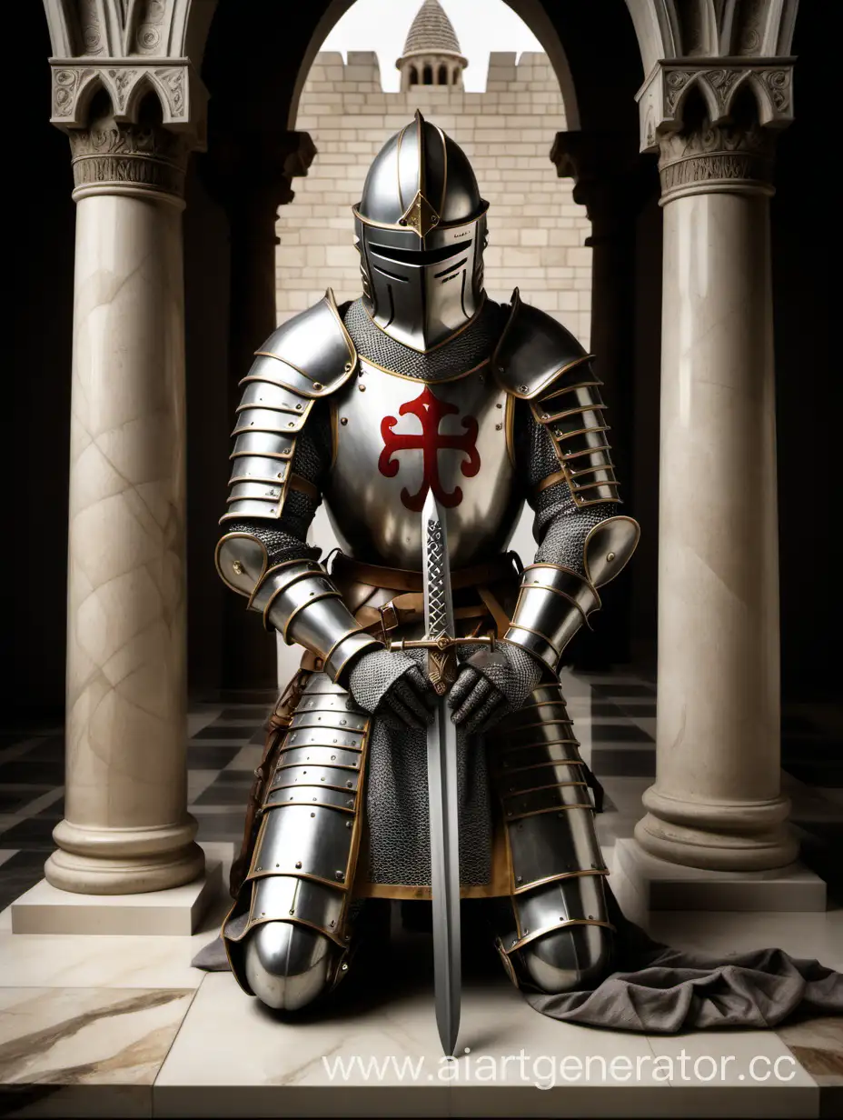 рыцарь крестоносец держит двуручный меч, стоит на коленях молиться, шлем в гравировке, на фоне храм