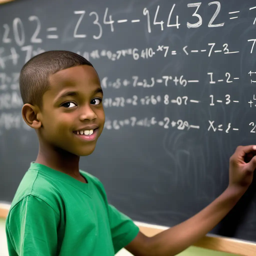 A close-up of a chalkboard filled with a complex math equation. A young Black boy, in the fourth grade, stands slightly to the side, chalk in hand. He's wearing a bright green shirt, has a focused expression, and a low haircut. Beside him, his teacher smiles encouragingly, offering a hint of guidance.
