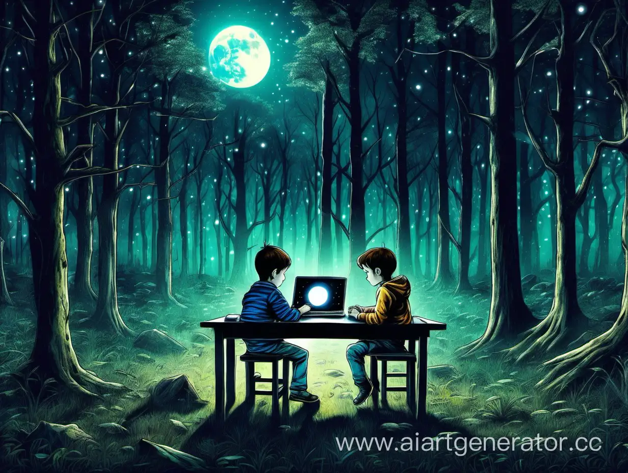 Мальчик играет на компьютере в ночном лесу. Лес. Светит луна. Мальчик сидит за столом. На столе компьютер.