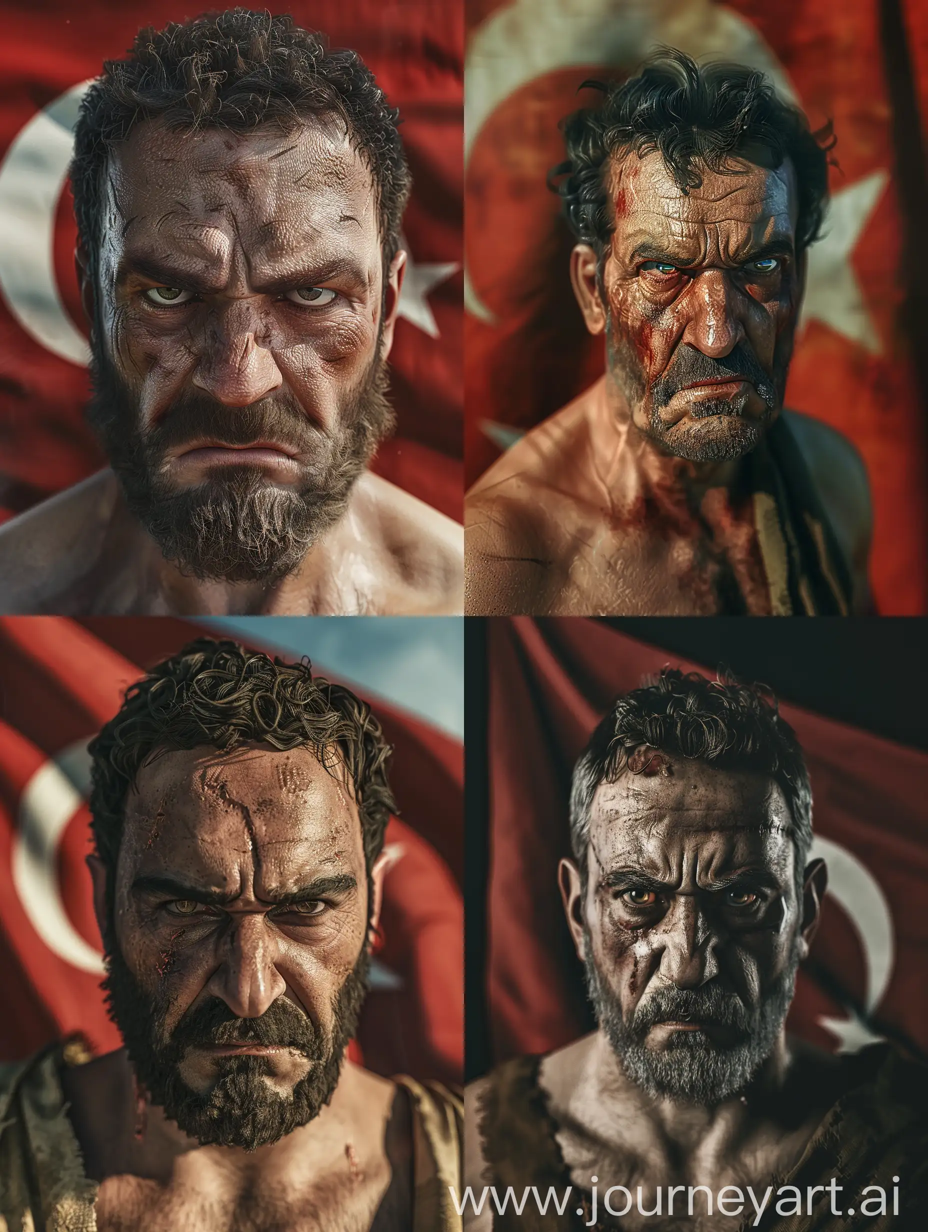 ancient Greek man looking angrily into the camera, turkish flag in background. Very realistic, 4k, 8k, apocalypse style