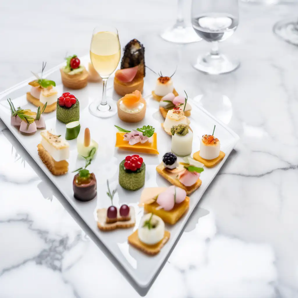 photo size 16:9 of beautiful different canapés like in a Michelin restaurant on a white rectangular plate on a marble table and on the right there is empty space