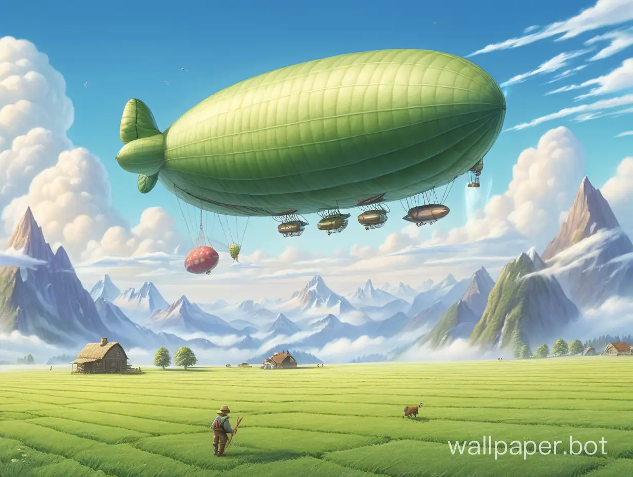 Grassy plateau above clouds prominant in foreground, large mountains in background, tiny farmers in fields, tiny fantasy blimp flying through the clouds between mountains in background