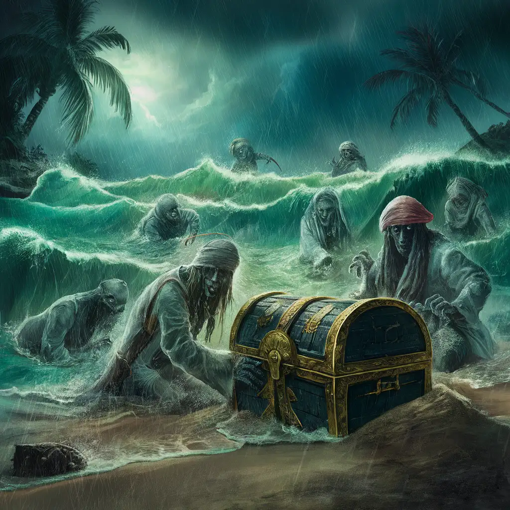 A pirate cove during a tropical storm, with ghostly figures battling over buried treasure.