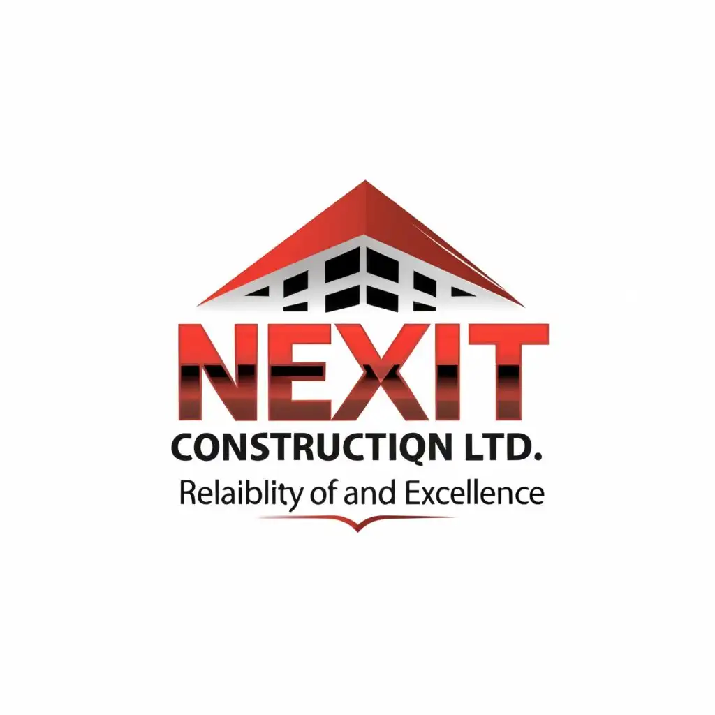 logo, building constuction, with the text "make a logo Nexit Construction Ltd.
Company Slogan: Reliability and Excellence
Company Colors: Red and Black", typography