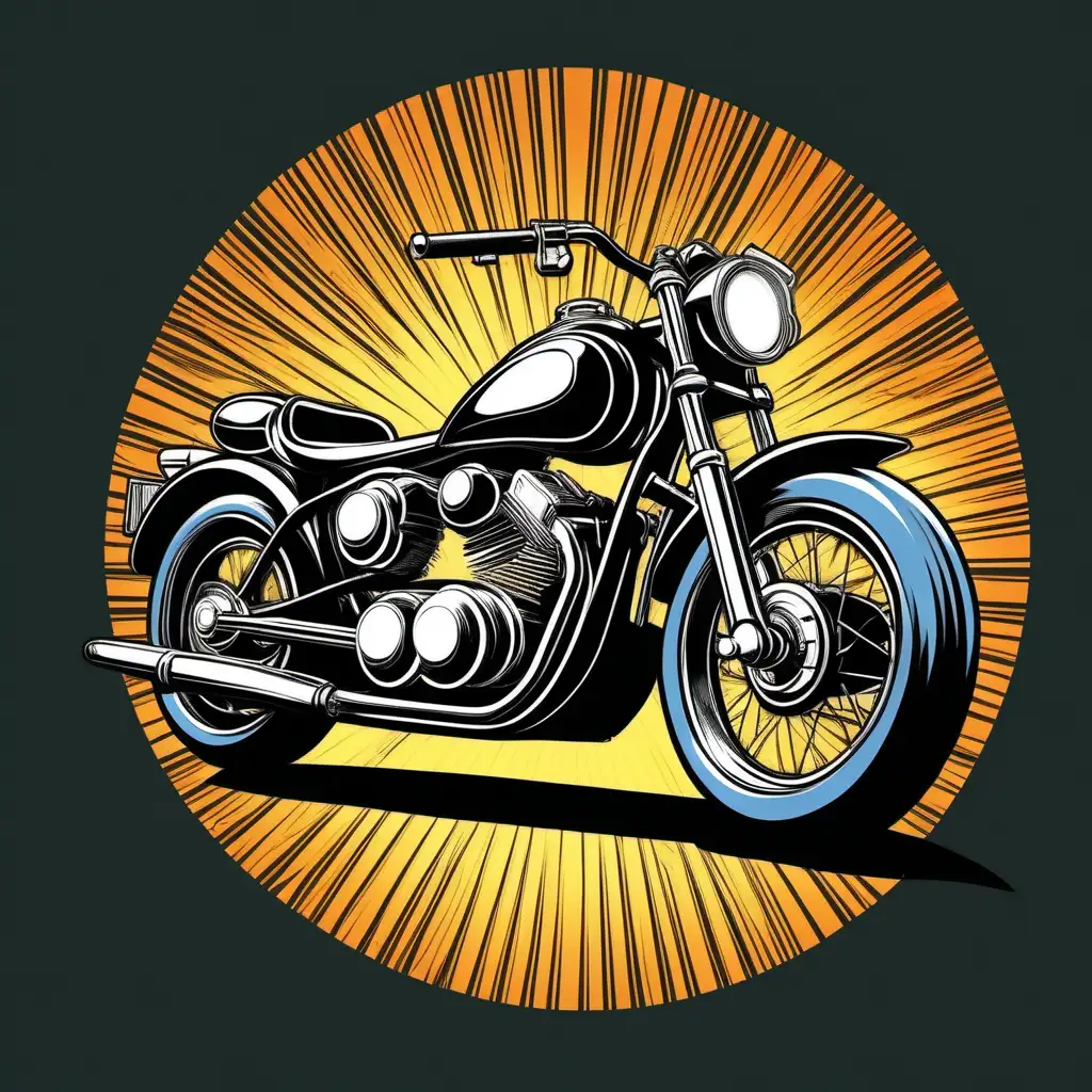 Vintage-inspired motorcycle, 
 rendered in a classic retro comic book 
style, 
inviting lighting, T-shirt design graphic, vector, 
contour, flat black background.