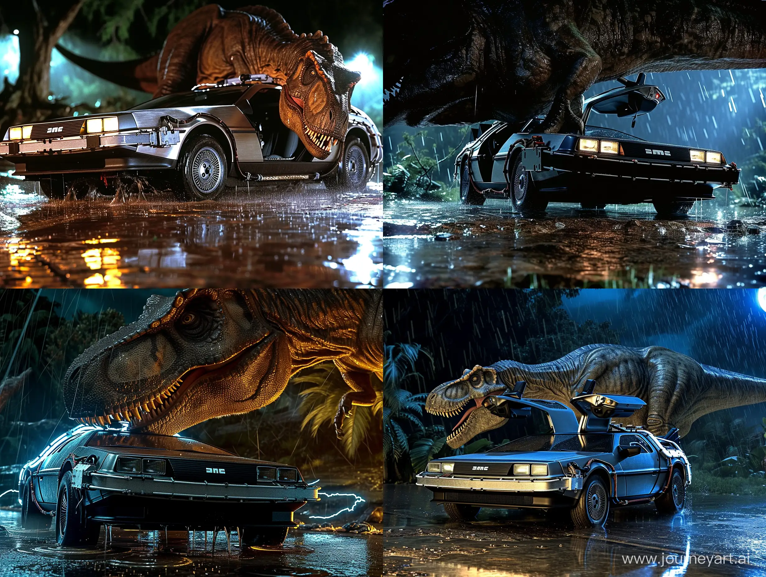 A DeLorean time machine underneath a T-Rex from jurassic park, night, rain, wet dinosaur, wet car, photorealistic, movie scene