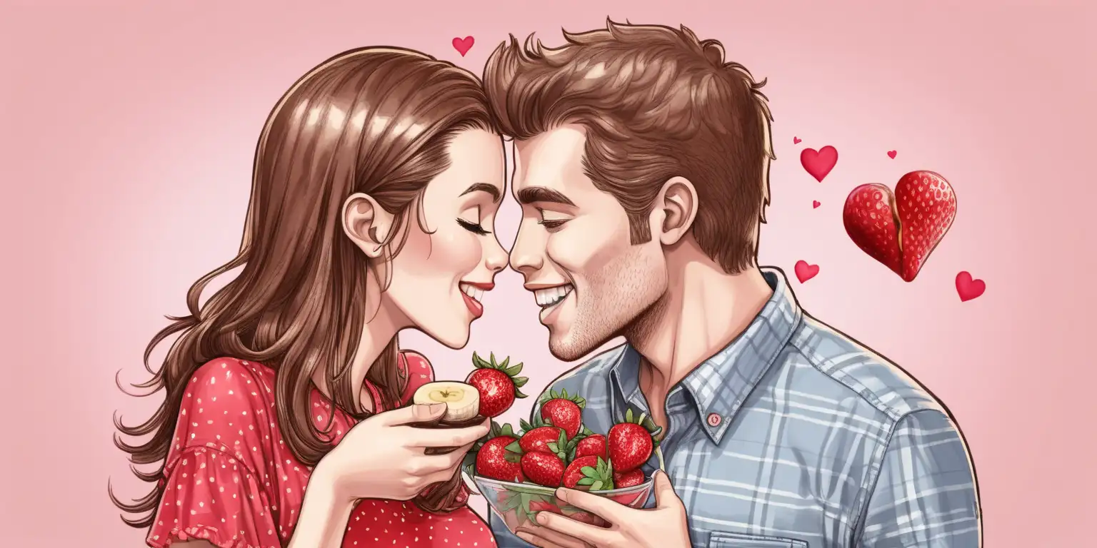 valentines day couple, 1 man 1 woman, in love,  sharing strawberries and chocolate, banana