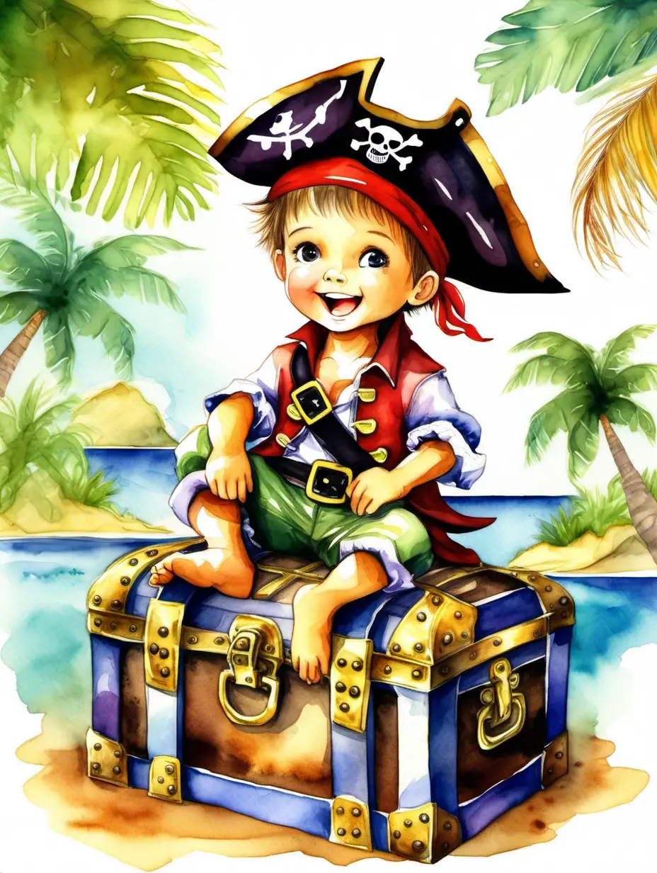 Charming Pirate Boy on Treasure Chest in Tropical Island Watercolor