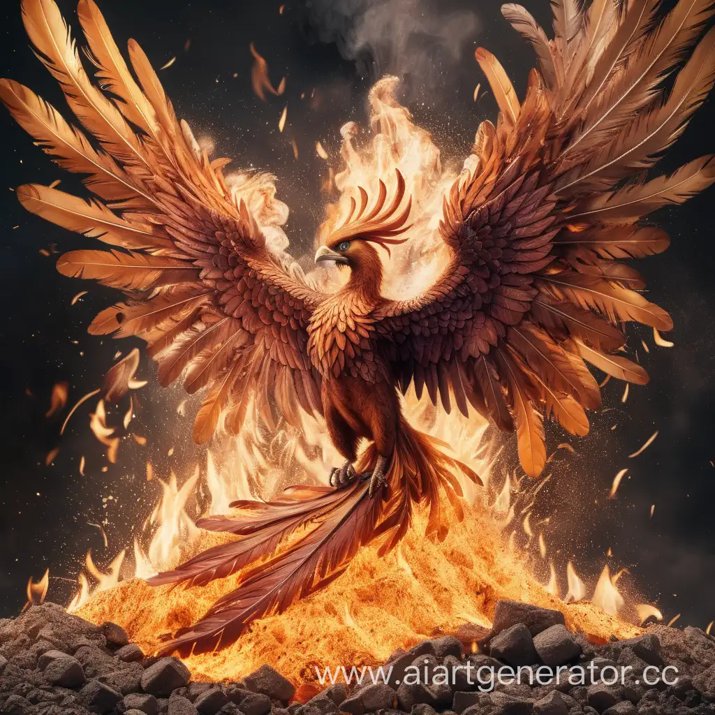 A phoenix flies out of a pile of ashes, surrounded by fire and feathers