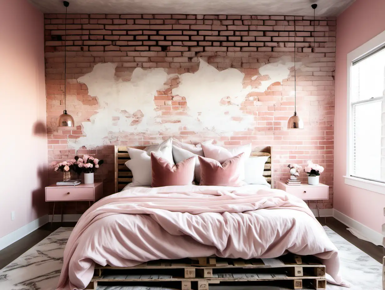 Cozy Pink Velvet Bedroom with Pallet Bed and Brick Accent Wall