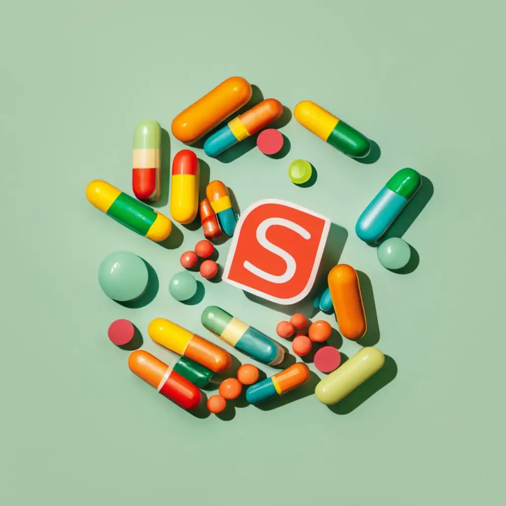 logo, drug capsules, with the text "SH", typography