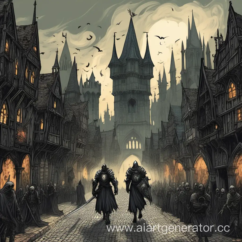 The knight walks along the wide street of the black medieval city with numerous spires and undead