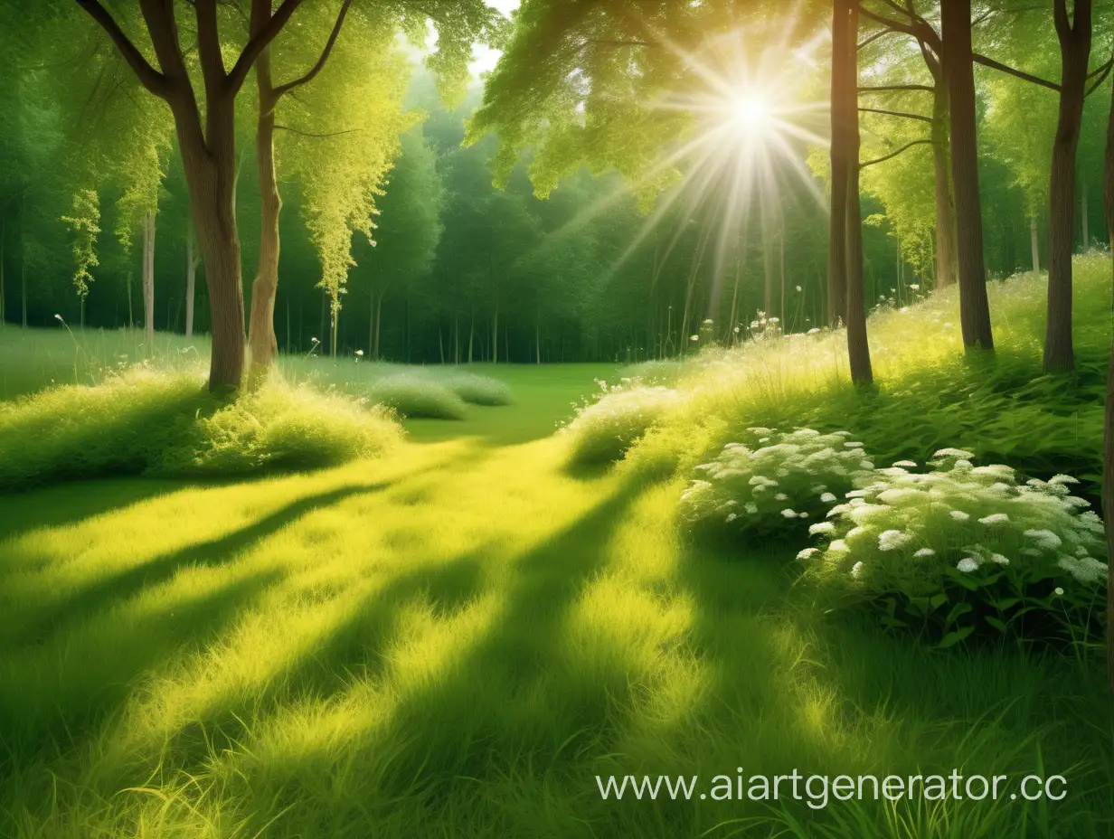 Enchanting-Sunny-Glade-with-Even-Trees-and-Soft-Young-Grass