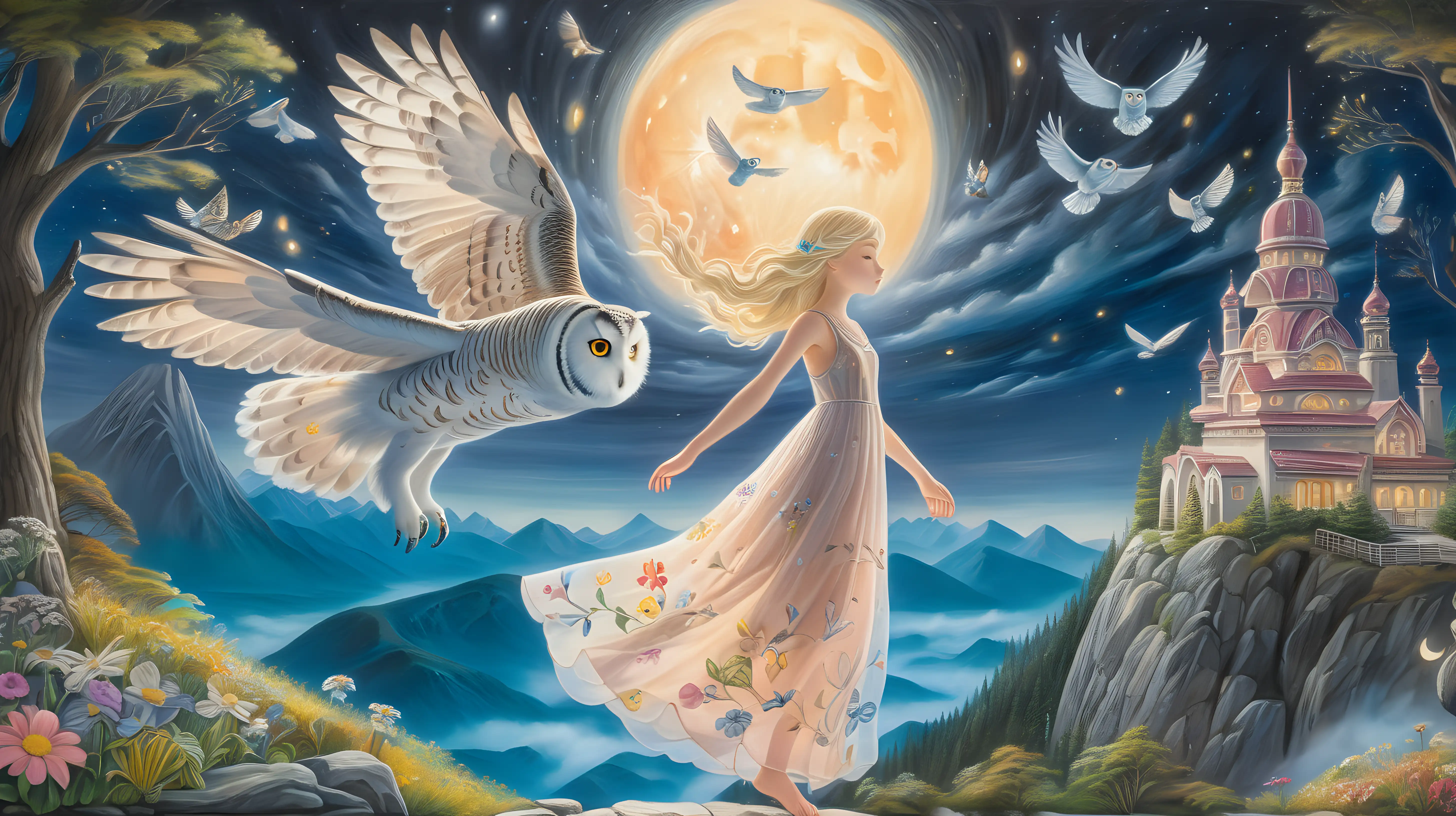 DIORAMA, ghibli inspired painting of beautiful enchanting slender, platinum blond, wavy, sheer flowy dress, 18 YEAR OLD girl who shape-shifts into an owl, owl princess, playing with a big colorful owl in an enchanted forest skyline, flowers, fireflies and moonlight, sea of clouds, mountain, temple, colorful, cliff