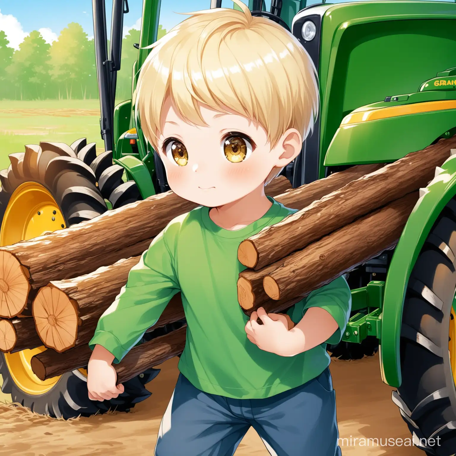  boy age 2 with short blonde hair and hazel eyes, carrying fire wood from green tractor loader. He is helping his grandpa who has gray hair