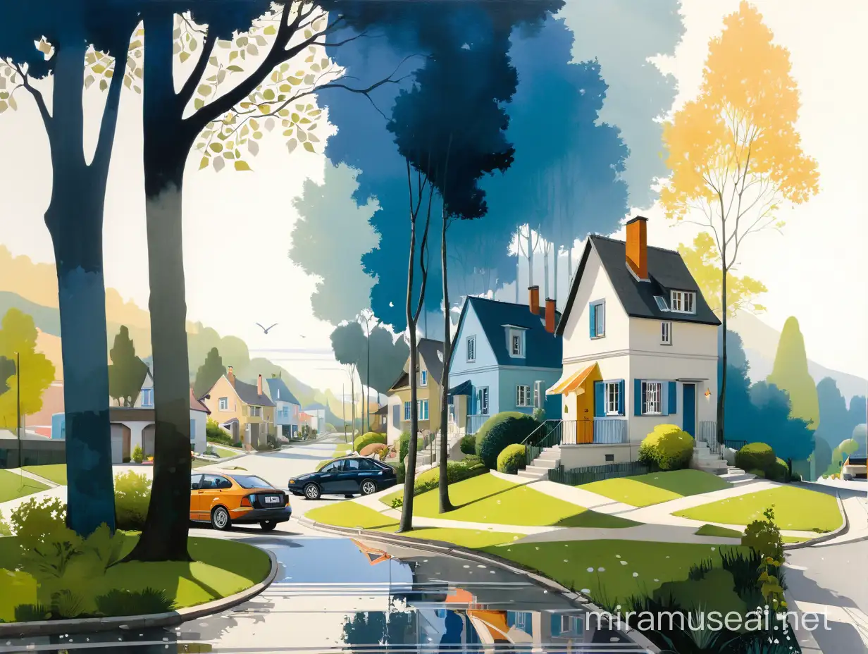 Pale colors gently drawn modern Suburban neighborhood, with trees, small houses. In style of Didier Lourenço, and Thomas Wells Schaller. Elegant fantasy intricate very attractive fantastic view ultra detailed crisp quality very cute acrylic art naive art Didier Lourenço lithography