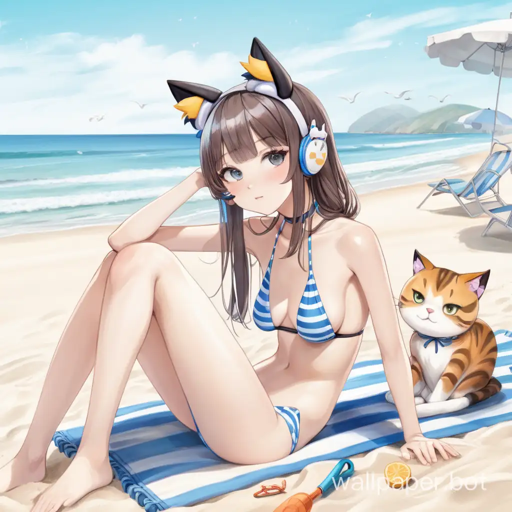 девочка с кошачеми ушам, отдыхает на пляже, в ливчике
