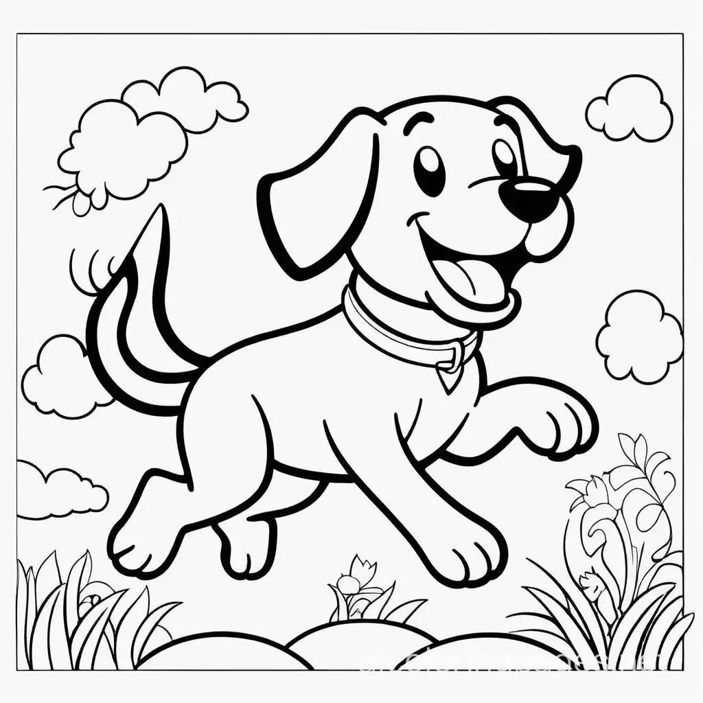 jumping dog for coloring, Coloring Page, black and white, line art, white background, Simplicity, Ample White Space. The background of the coloring page is plain white to make it easy for young children to color within the lines. The outlines of all the subjects are easy to distinguish, making it simple for kids to color without too much difficulty