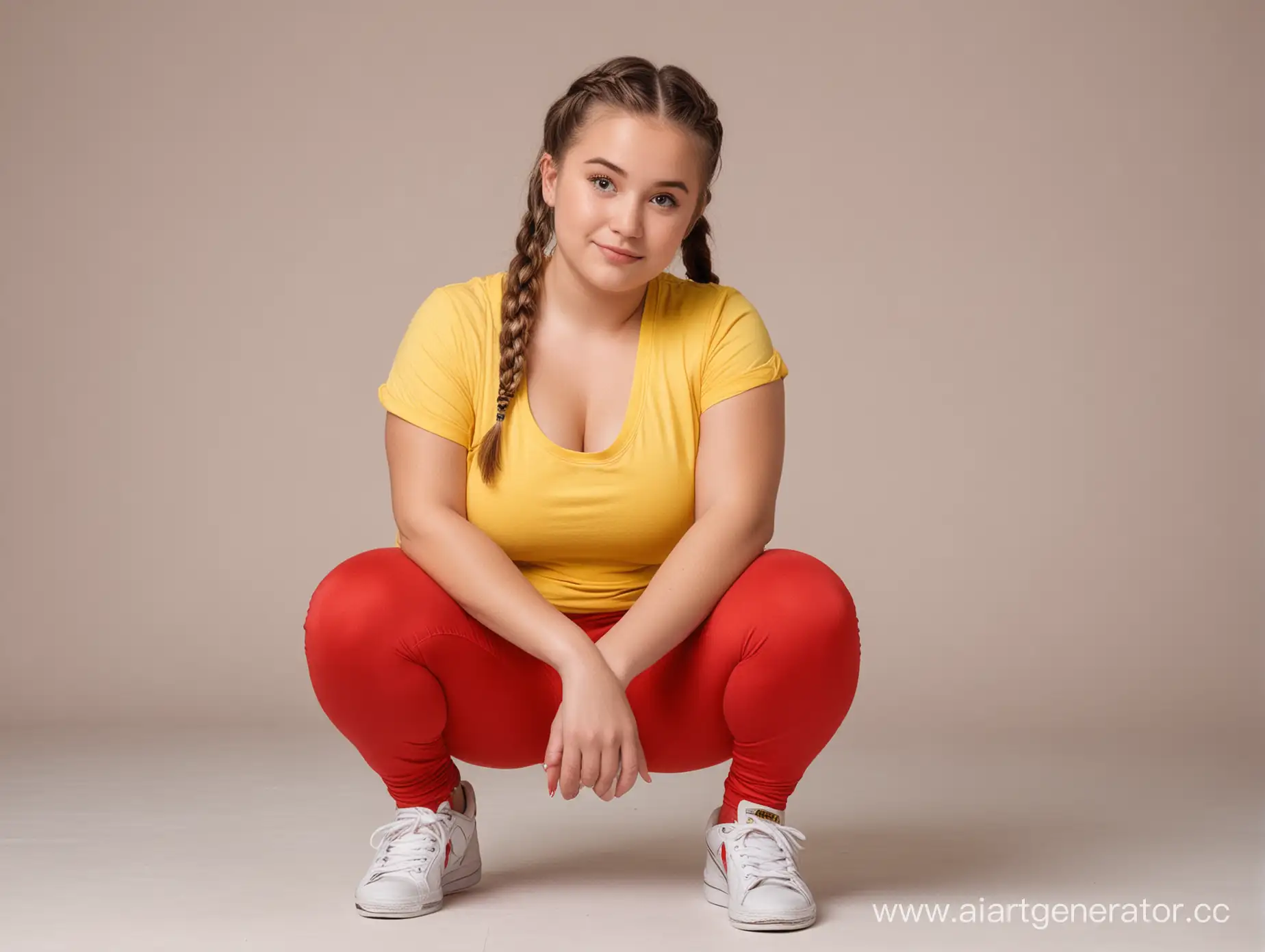 Cheerful-Girl-in-Yellow-TShirt-and-Red-Leggings-Squatting