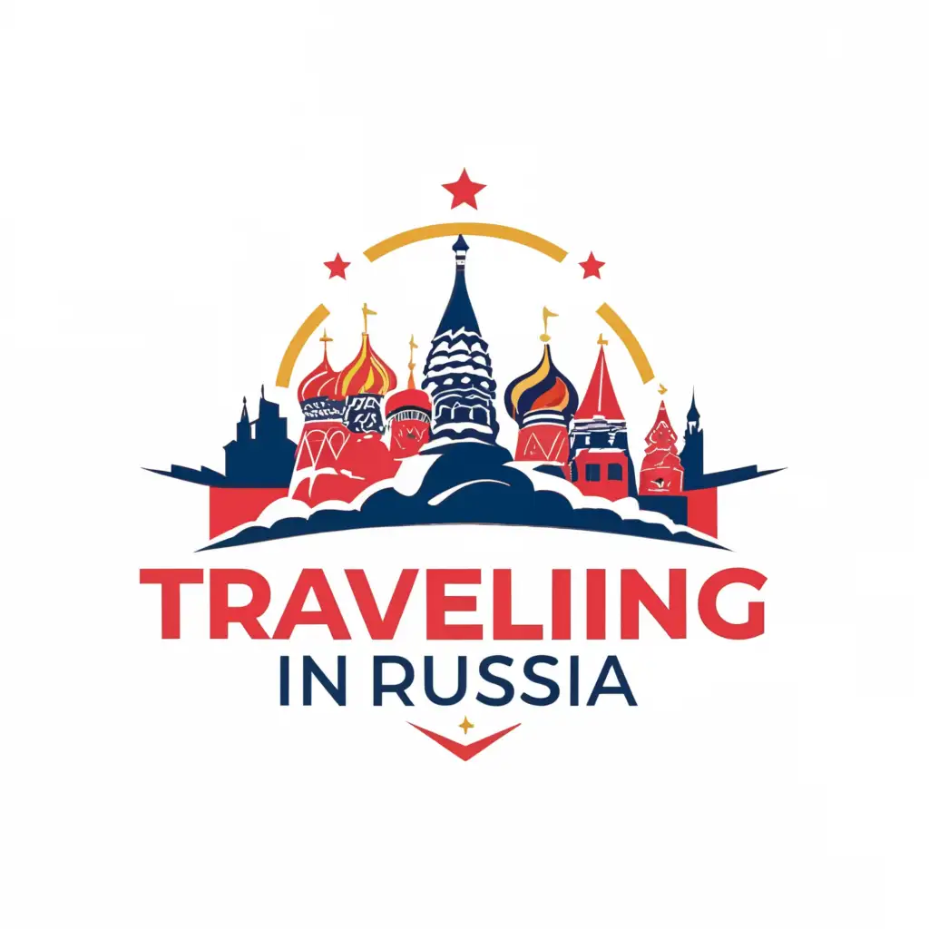 a logo design,with the text "Traveling in Russian", main symbol:Mountains, cities,complex,be used in Travel industry,clear background