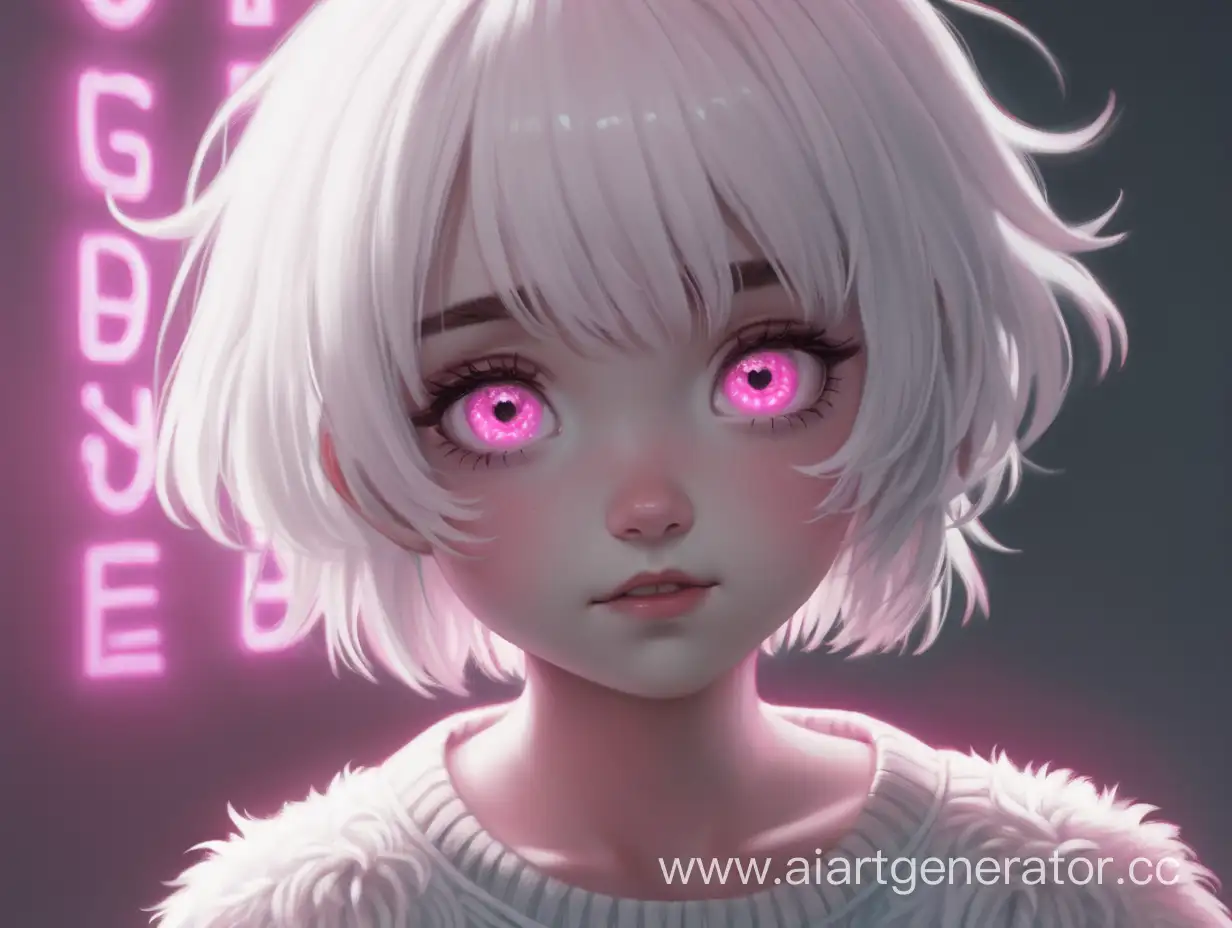 девочка с белыми лохматыми короткими волосами, розовыми глазами прощается и сзади нее свет 
