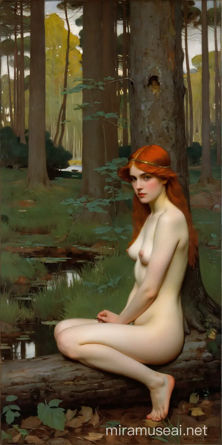 nude muse with red hair in woods.. john william waterhouse