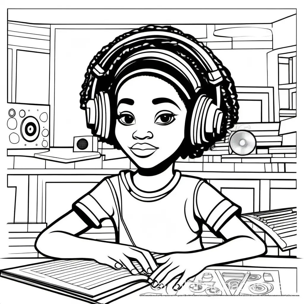 a African girl listening music, Coloring Page, black and white, line art, white background, Simplicity, Ample White Space. The background of the coloring page is plain white to make it easy for young children to color within the lines. The outlines of all the subjects are easy to distinguish, making it simple for kids to color without too much difficulty