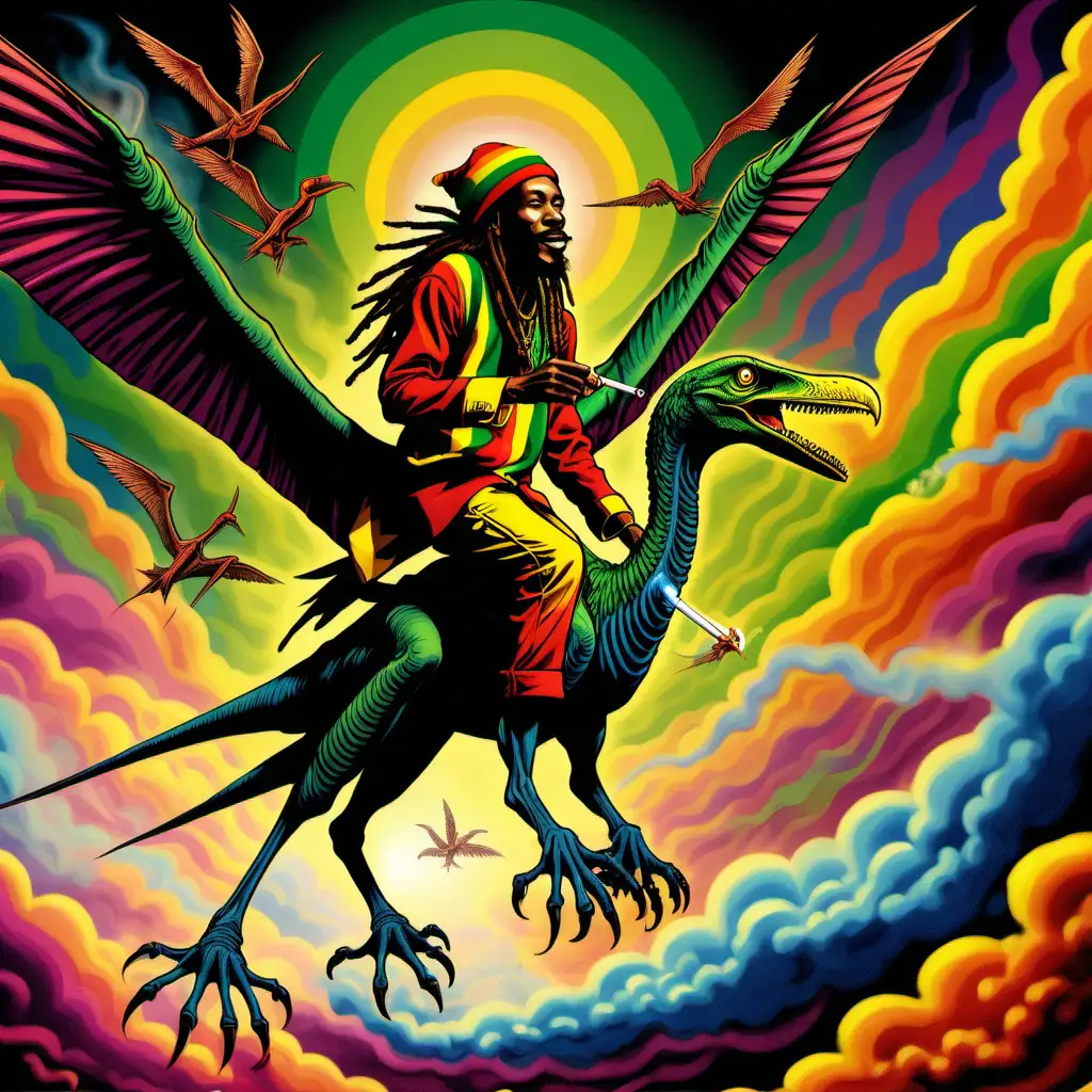 Psychedelic image of a  Rasta man riding a pterodactyl while smoking weed.