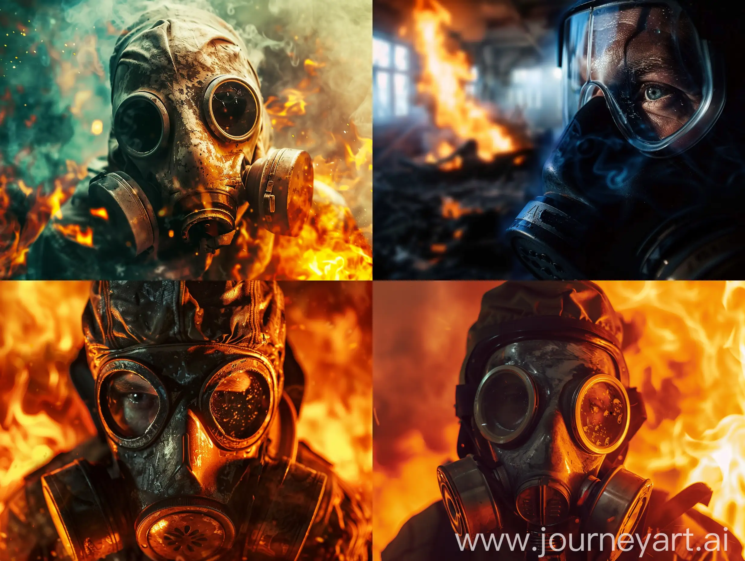 A picture of a stalker's face wearing a gas mask. Chernobyl. The panorama. Cinematic. Epic. Flame. Close up.