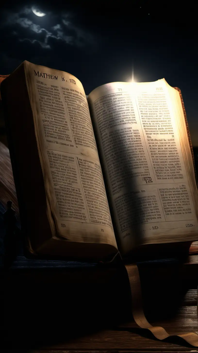Realistic HD 8K Night Scene Illuminated Bible Opened to Matthew