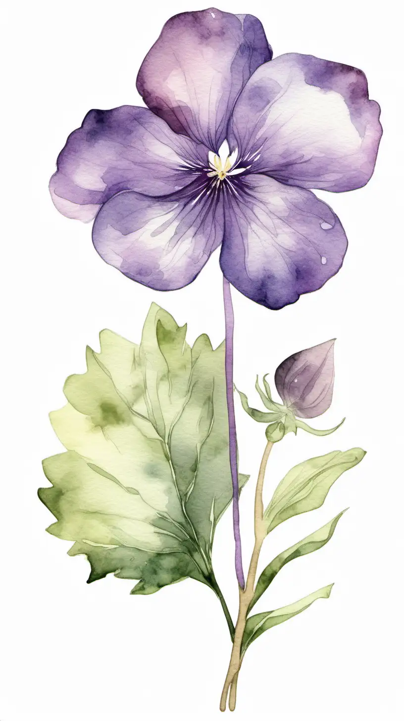 Watercolor Clipart Blooming Violet on Long Stem with Neutral Background
