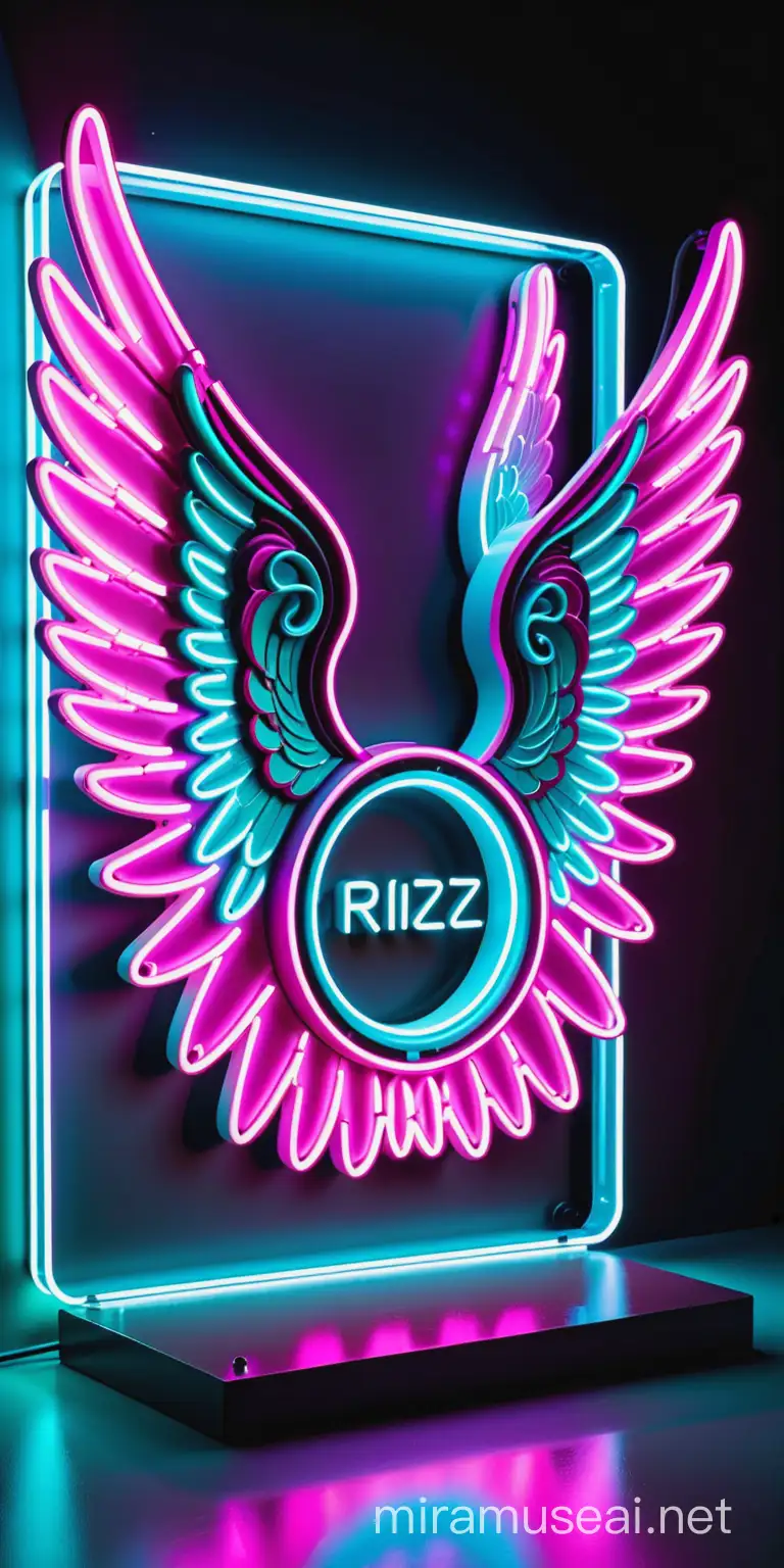 luxury neon logo sign. "rhiz" large and bulky. very intricately and microscopically detailed. the color scheme is magenta, light white, chromatic, baby blue. Angel wings in the background.