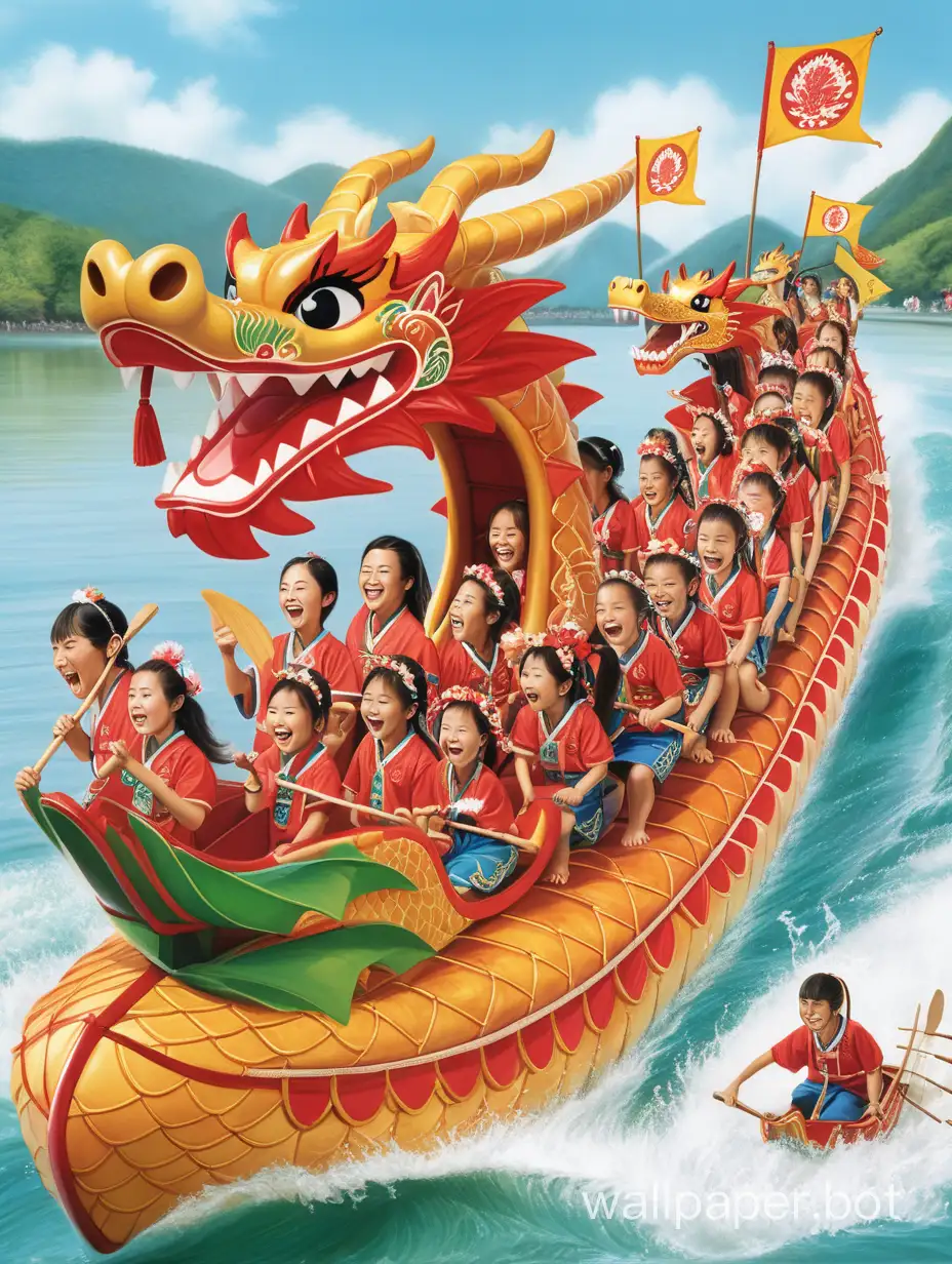 A large dragon boat with several people paddling on it, all dressed in traditional Dragon Boat Festival attire, wearing joyful expressions.