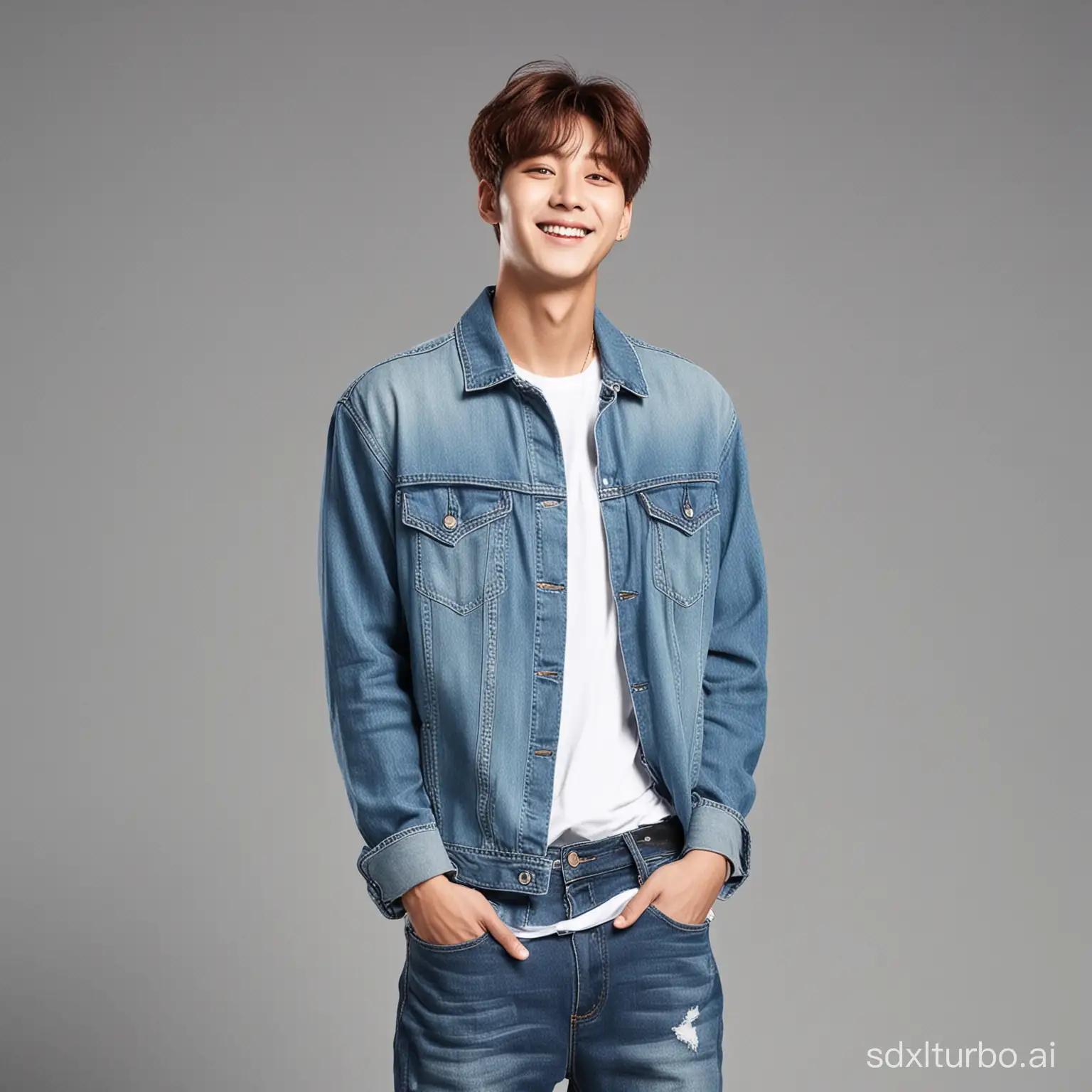 A handsome boy tall cute strong smile beautiful face like Jung Kook in jeans