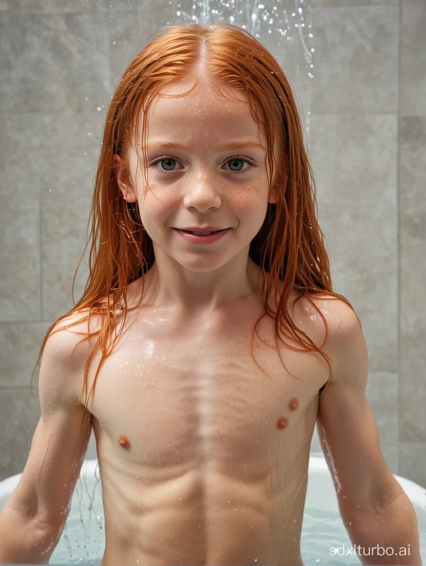 7 years old girl, long ginger hair, showing her very muscular abs, bathing, wet