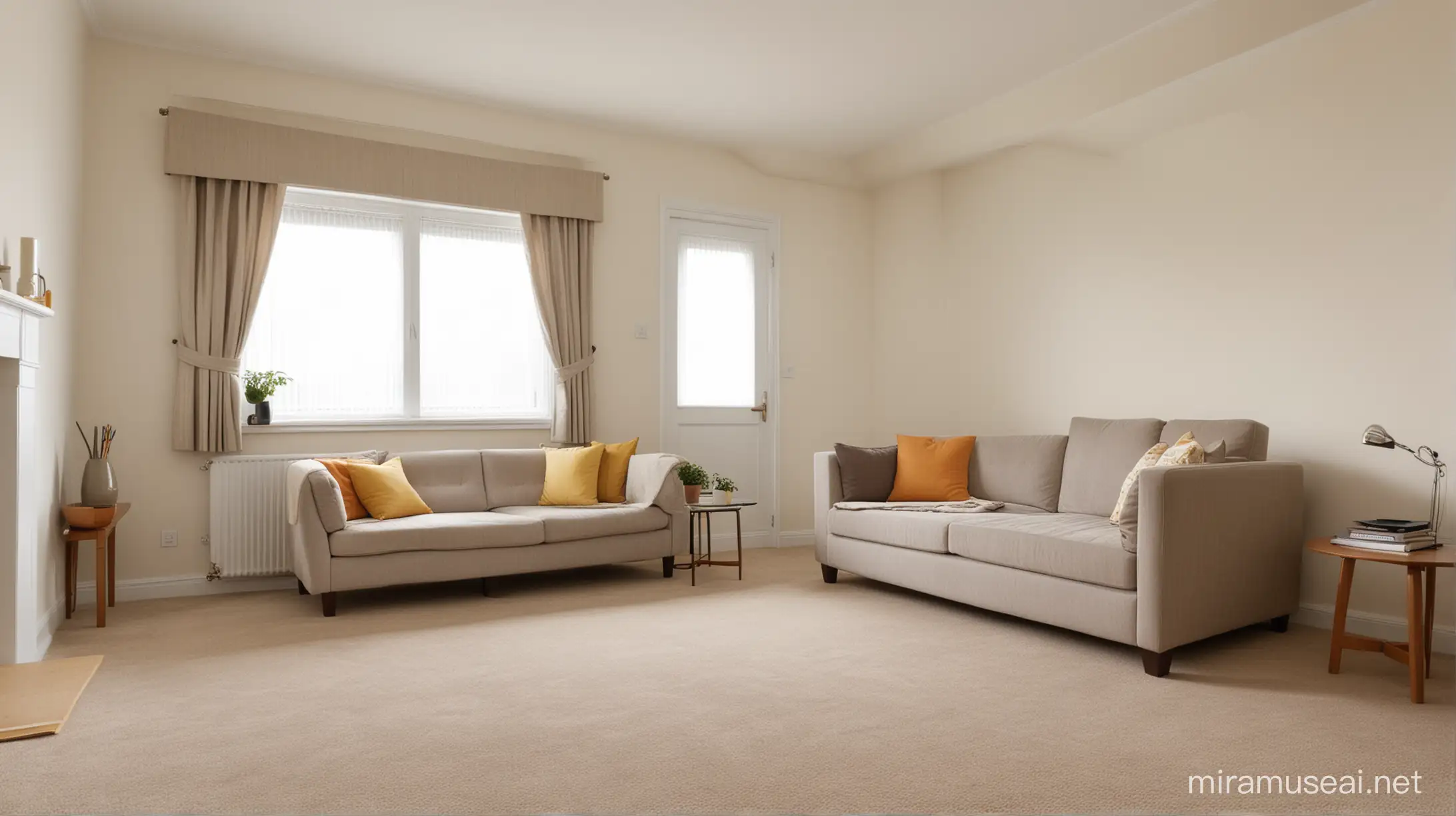 A simple living room with carpeted floor and a single sofa