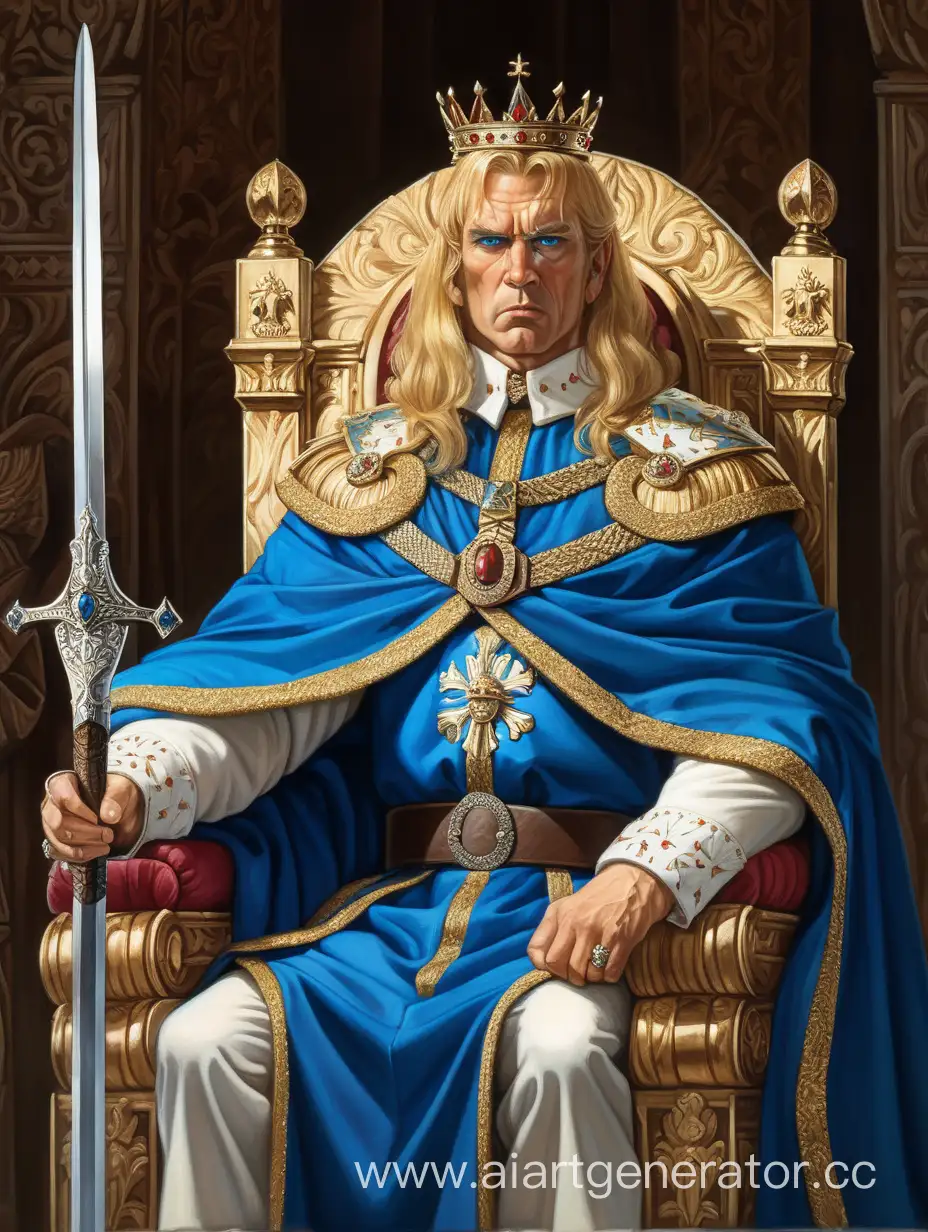 Король мужчина лет 50, в пышных одеждах, грозный вид, сидит с мечом на троне, золотистые волосы стриженые по плечи, ярко синие глаза, аккуратная корона 