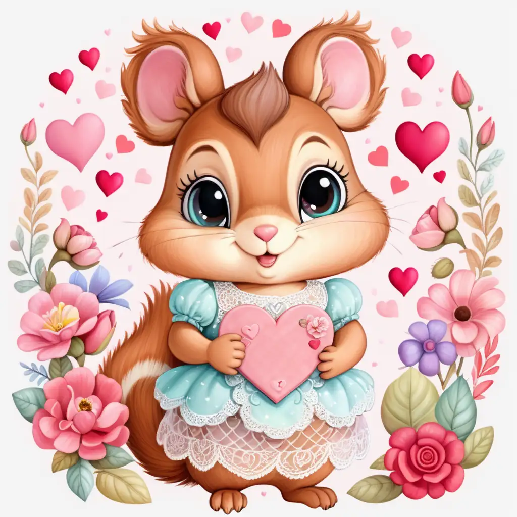 Cute,fairytale,whimsical, pastel,cartoon, chubby very furry baby squirrel , big ears,big eyes, dressed with beautiful lace dresses, and flowers ,beautiful valentine background, with valentine hearts and flowers around, sticker,white background, bright,colorful
