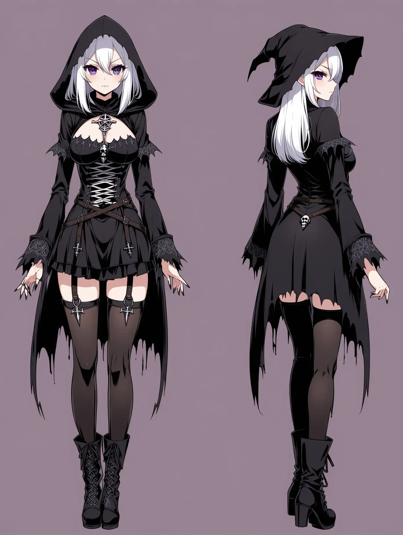 Sexy anime necromancer girl wearing boots, full body, 2 poses