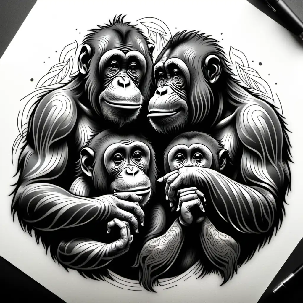 Stacked Orangutans in Thoughtful Tattoo Style