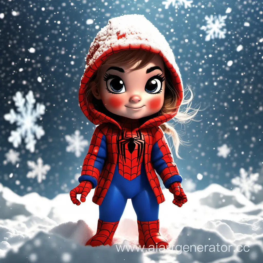 Маленькая милая девочка человек паук, на заднем фоне снег идёт