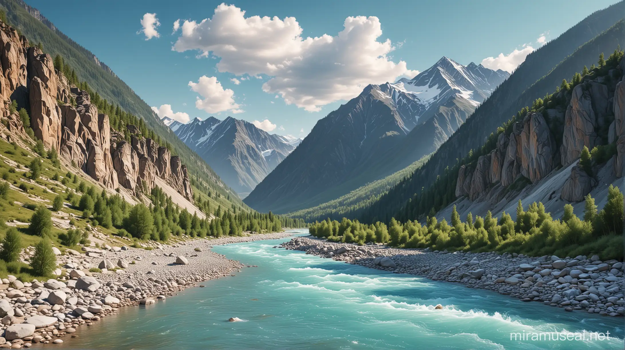 Bulukha Mountain CloseUp Turquoise Katun River in Summer Hyperrealistic Vector Illustration