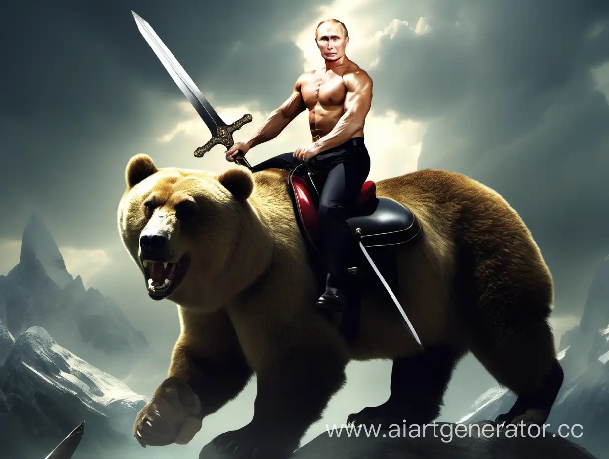 Владимир Владимирович Путин качок с кубиками пресса скачущий верхом на медведе с большим мечом в руке