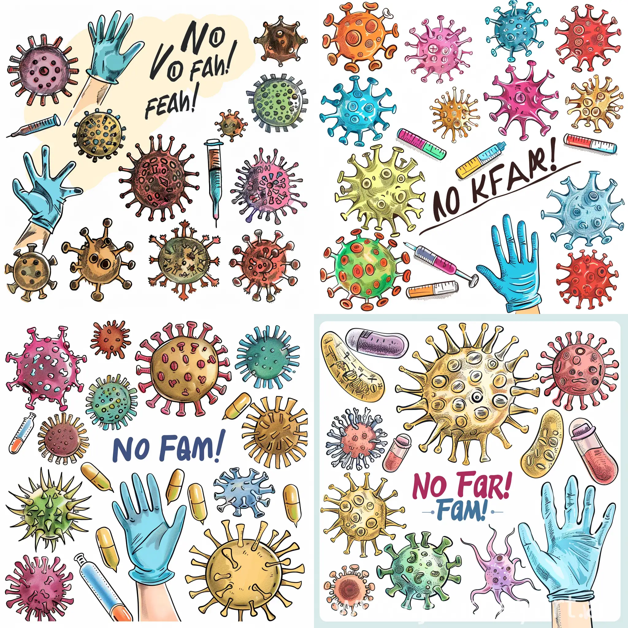 Нарисуй различные вирусы, женскую руку в лабораторных перчатках, На картинке напиши: "Страха нет!".  Используй приятные тона