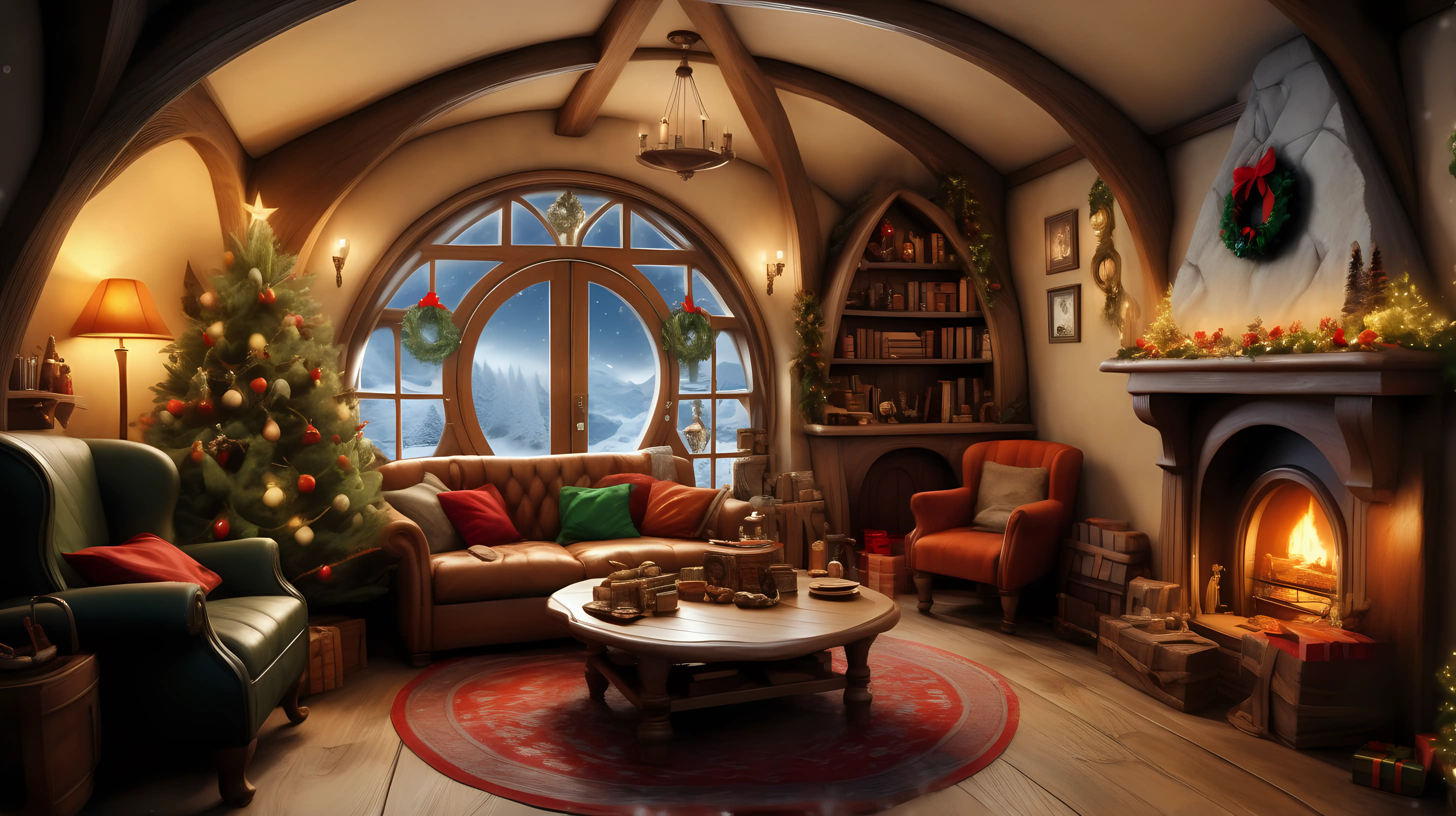 best quality, ultra-realistic photo, bilbo baggins' interior house in christmas style, snowing outside