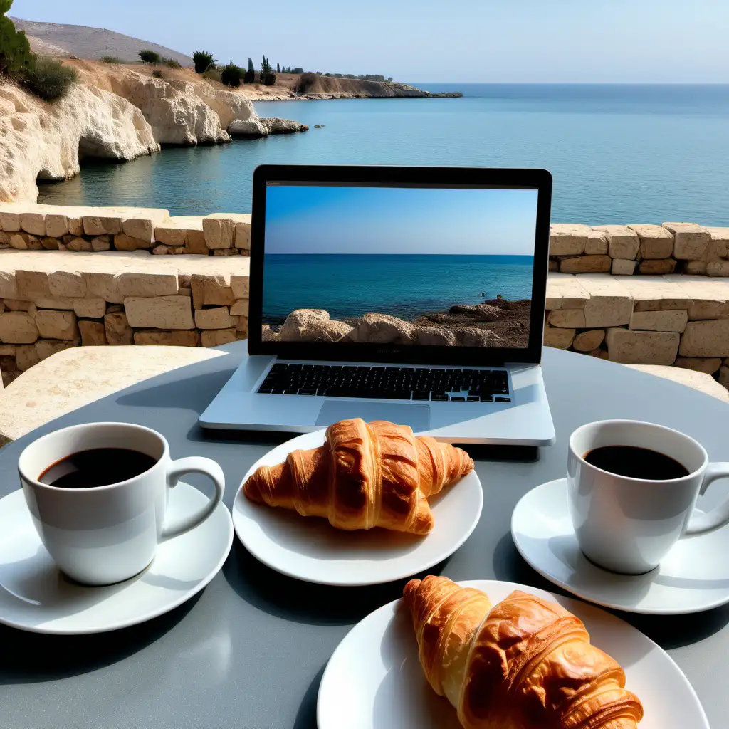 Nuotolinis darbas Kipre,  vila prie pat jūros, dvi darbo vietos prie stalo, du kavos puodeliai, kruasanai lėkštėse, du kompiuteriai, ankstyvas rytas

